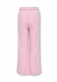 Light pink, wide-legged pants with an elastic waistband. Material appears soft and textured, with a simple, unadorned design.