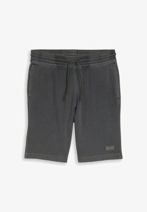 Sötétszürke kötött szövetből készült rövidnadrág, húzózsinóros derékpánttal és oldalzsebekkel, a szegélynél kis téglalap alakú logóval.