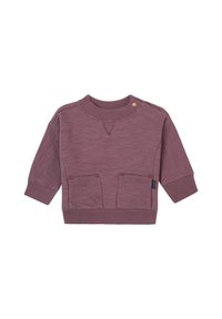 Paarse katoenen sweatshirt met een ronde halslijn, lange mouwen, twee frontzakken, geribbelde manchetten en onderrand, met een kleine merkaccent.