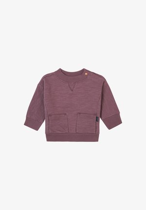 Fioletowy bawełniany sweter z okrągłym dekoltem, długimi rękawami, dwiema przednimi kieszeniami, ribbowanym mankietami i dolnym brzegiem, z małym akcentem marki.