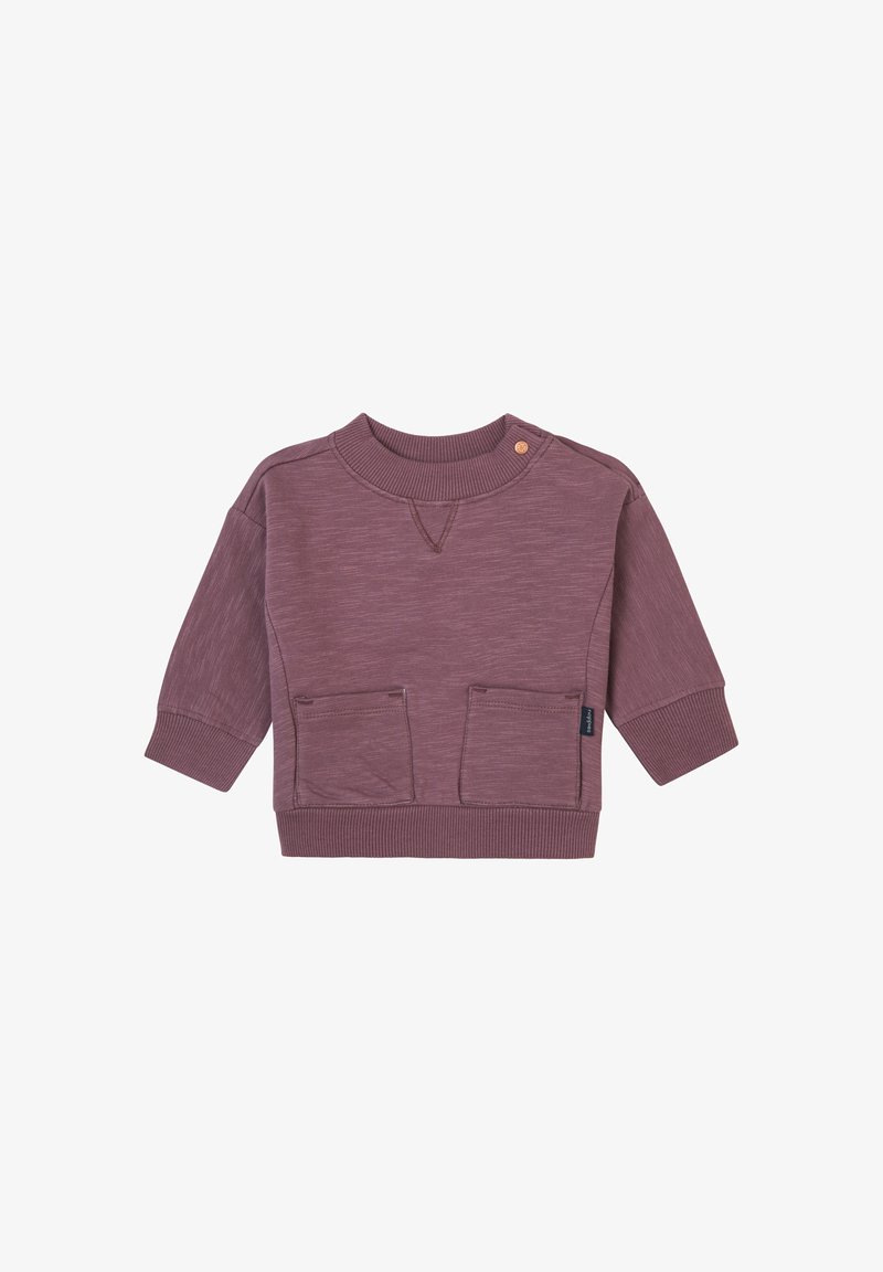 Paarse katoenen sweatshirt met een ronde halslijn, lange mouwen, twee frontzakken, geribbelde manchetten en onderrand, met een kleine merkaccent.