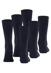 Six pairs of navy blue socks, featuring a ribbed cuff design, smooth texture, and knee-high length. Material appears knitted.