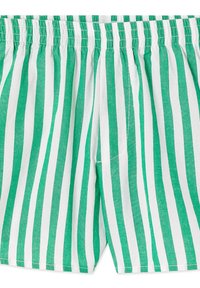 Short en tissu rayé verticalement vert et blanc avec taille élastique et détail de couture avant visible.