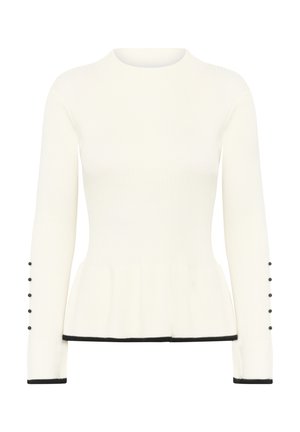 White long-sleeve fitted sweater with black trim hem and cuffs, peplum waist, and six black buttons on each sleeve.