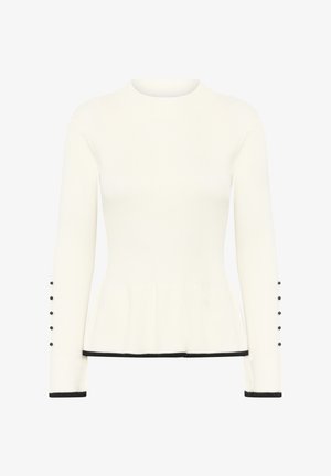 Biały, dopasowany sweter z długimi rękawami, z czarnymi wykończeniami na dole i przy mankietach, z peplum w talii oraz sześcioma czarnymi guzikami na każdym rękawie.