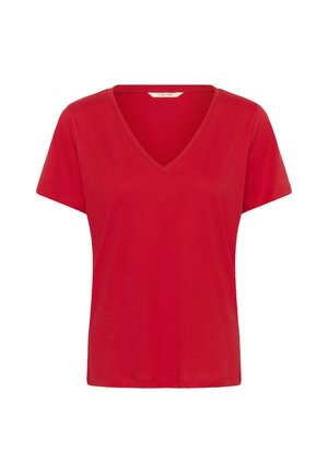 Czerwona bawełniana koszulka z dekoltem w serek i krótkimi rękawami, o gładkiej fakturze i luźnym kroju. Bez widocznych wzorów ani ozdobników.