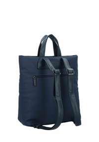 Bolsa de tela azul marino con acentos de cuero, doble asa superior, correas de hombro ajustables y un bolsillo con cremallera en la parte posterior.