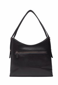 Sac à main en cuir noir avec une texture lisse, un dessus arrondi et une poche zippée à l'avant. Il dispose de deux poignées et d'un design épuré.