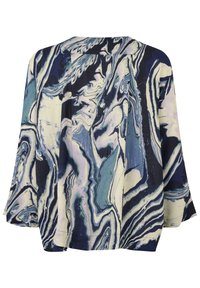 Kimono marmorizzato con maniche fluttuanti, caratterizzato da colori blu navy, crema e lavanda. Tessuto morbido e motivo astratto a vortice su tutta la superficie.