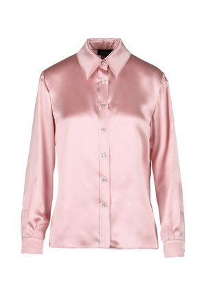 Light pink satin blouse with long sleeves and a pointed collar. Features a button-down front and smooth texture. Simple design, no patterns.