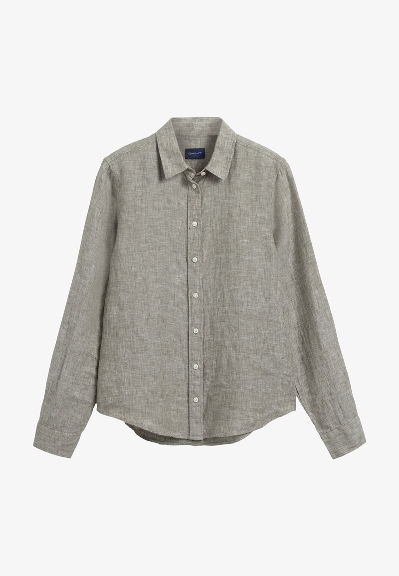 Chemise en lin gris clair à manches longues avec des boutons sur le devant et un col pointu, présentée à plat avec les manches étendues.