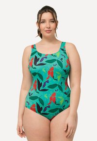 Maillot de bain une pièce avec une base verte et un motif floral en rouge, noir et violet. Bretelles solides et texture lisse.