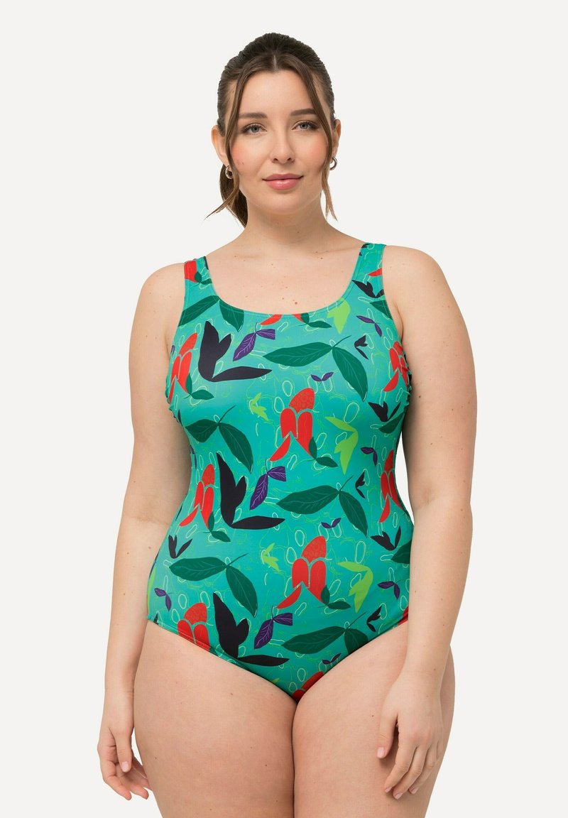 Maillot de bain une pièce avec une base verte et un motif floral en rouge, noir et violet. Bretelles solides et texture lisse.