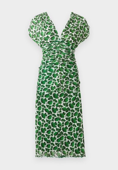 Zelena cvetna midi oblekica z globokim V-izrezom, nabrano zasnovo, kratkimi rokavi in valovitim spodnjim robom. Narejena iz lahkotnega materiala s polprosojno teksturo.