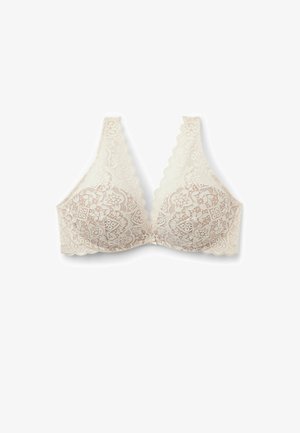 Beige Spitzen-Bralette mit gewelltem Rand, floralen Mustern, verstellbaren Trägern und einer weichen, strukturierten Oberfläche.