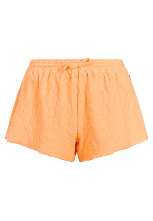 Oranje terry stoffen shorts met elastische tailleband, aantrekkoord en een getextureerd bloemenpatroon.