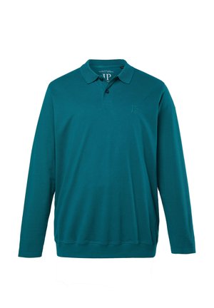 Turquoise lange mouw poloshirt, gemaakt van katoen, met een kraag, een drieknopenbies en subtiele branding op de borst. Soepele textuur.