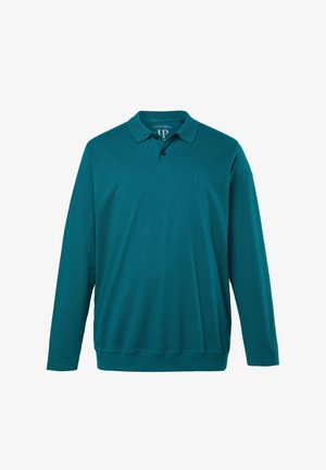 Turquoise lange mouw poloshirt, gemaakt van katoen, met een kraag, een drieknopenbies en subtiele branding op de borst. Soepele textuur.