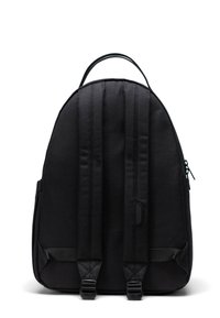 Black fabric backpack with padded, adjustable shoulder straps, a top handle, and a smooth finish. Features a zippered pocket on the side.