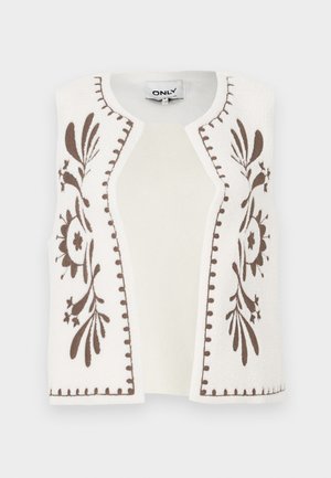 Bela telovnik s rjavim cvetličnim vezenjem ob robovih, okrogel izrez in odprt sprednji del. Mehka tekstura in minimalističen slog.