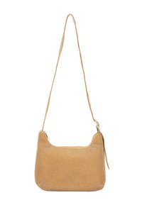 Borsa a spalla con motivo a houndstooth in tessuto arancione e crema, caratterizzata da una forma curvata, una cerniera in tono argento e una tracolla sottile.