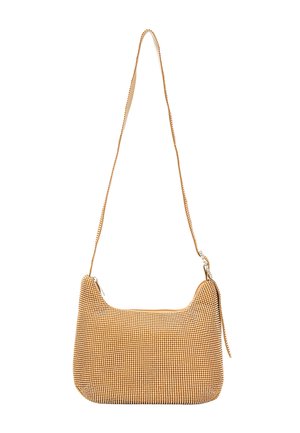 Borsa a spalla con motivo a houndstooth in tessuto arancione e crema, caratterizzata da una forma curvata, una cerniera in tono argento e una tracolla sottile.