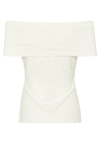 Bluza bez naramenica od mekog bijelog materijala. Prilagođeni kroj s glatkom teksturom i suptilnim detaljem naboranja na prednjem dijelu. Jednostavna i elegantna silueta.