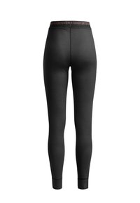 Black leggings with a smooth, stretchy texture, featuring a wide waistband with printed accents and tapered leg openings.