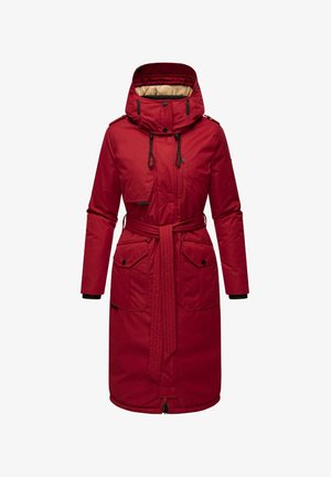Red parka with a hood, drawstrings, two large front pockets, a belted waist, and ribbed cuffs. Smooth, insulated fabric with a straight fit.