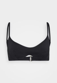 Top bikini nero con una texture liscia, spalline larghe, un'apertura a forma di chiave al centro e una chiusura dorata sul retro. Design minimalista.