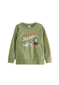 Felpa verde in cotone con collo rotondo, maniche lunghe e orlo a costine. Presenta una grafica "Hot Wheels" con una macchina da corsa e fiamme.