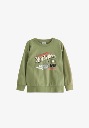 Groene katoenen sweatshirt met een ronde hals, lange mouwen en een ribbelrand. Bevat een "Hot Wheels"-graphic met een racauto en vlammen.