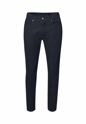 Dunkelblaue, slim-fit Hosen aus Baumwollmischgewebe. Verfügt über einen Reißverschluss, einen Knopfverschluss und fünf Taschen. Glatte Textur.