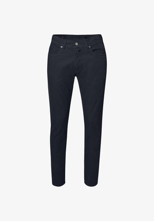 Donkerblauwe, slim-fit broek van katoenmengsel. Voorzien van een rits en knoopsluiting, en vijf zakken. Soepele textuur.