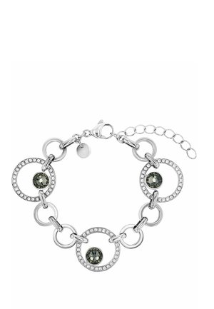 Silberarmband mit drei großen, kristallbesetzten runden Gliedern mit dunklen zentralen Edelsteinen und einem Karabinerverschluss mit verstellbarer Kette.