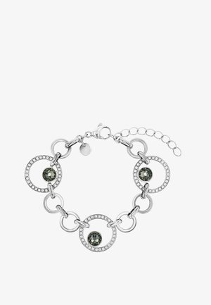 Zilveren armband met drie grote, met kristallen bezette ronde schakels met donkere centrale edelstenen en een karabijnsluiting met verstelbare ketting.