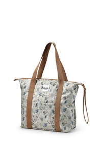 Borsa a spalla floreale in tessuto grigio chiaro con motivi floreali verdi e blu. Presenta manici in tessuto beige e una chiusura con zip con una tasca frontale.