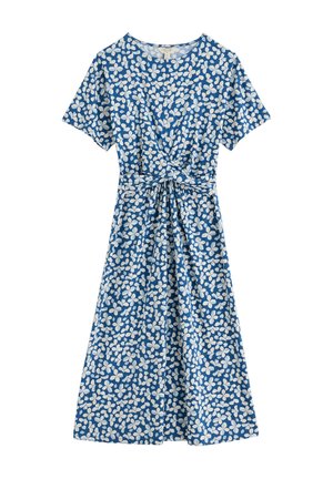 Mėlyna midi suknelė su trumpomis rankovėmis, balta gėlių spauda, apvali iškirptė ir priekyje mazgo detalė ties liemeniu.