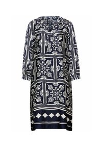 Marineblaues Kleid mit weißen Blumen- und geometrischen Mustern, V-Ausschnitt, Dreiviertelärmel und lockerer Passform. Glatte Stoffstruktur.