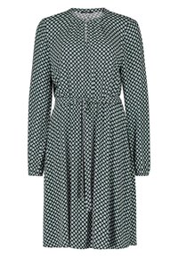 Zelené šaty s dlouhými rukávy, zdobené bílým kruhovým vzorem, v pase stažené stahovací šňůrou a s kulatým výstřihem.