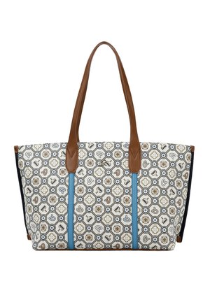 Grande borsa a mano con manici in pelle marrone, righe verticali blu e un motivo decorativo con funghi e forme geometriche su sfondo bianco.