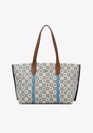 Grande borsa a mano con manici in pelle marrone, righe verticali blu e un motivo decorativo con funghi e forme geometriche su sfondo bianco.