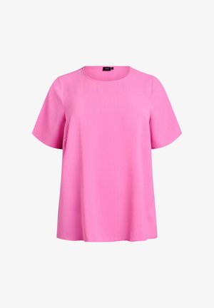 Roza majica s kratkimi rokavi in okroglim izrezom, izdelana iz gladkega blaga, z udobnim krojem in brez vidnih vzorcev ali poudarkov.