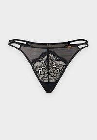 Svart blonde tanga med gjennomsiktige mesh-sider, blomsterblonde detaljer på baksiden og tynne stropper. Har et lite gull merke.