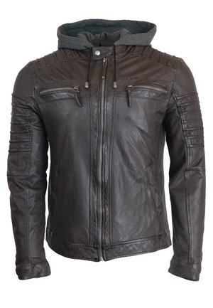 Bruine leren jas met capuchon, ritssluiting, geribbelde schouderaccenten, ritszakken en gestructureerde mouwen. Gladde buitenkant, casual pasvorm.