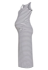 Ärmelloses, knielanges Schwangerschaftskleid mit horizontalen schwarz-weißen Streifen, entworfen, um einem schwangeren Bauch gerecht zu werden.