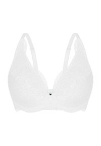 White lace bra with floral pattern, adjustable straps, triangular cups, and a small heart-shaped accent at the center. Smooth texture.