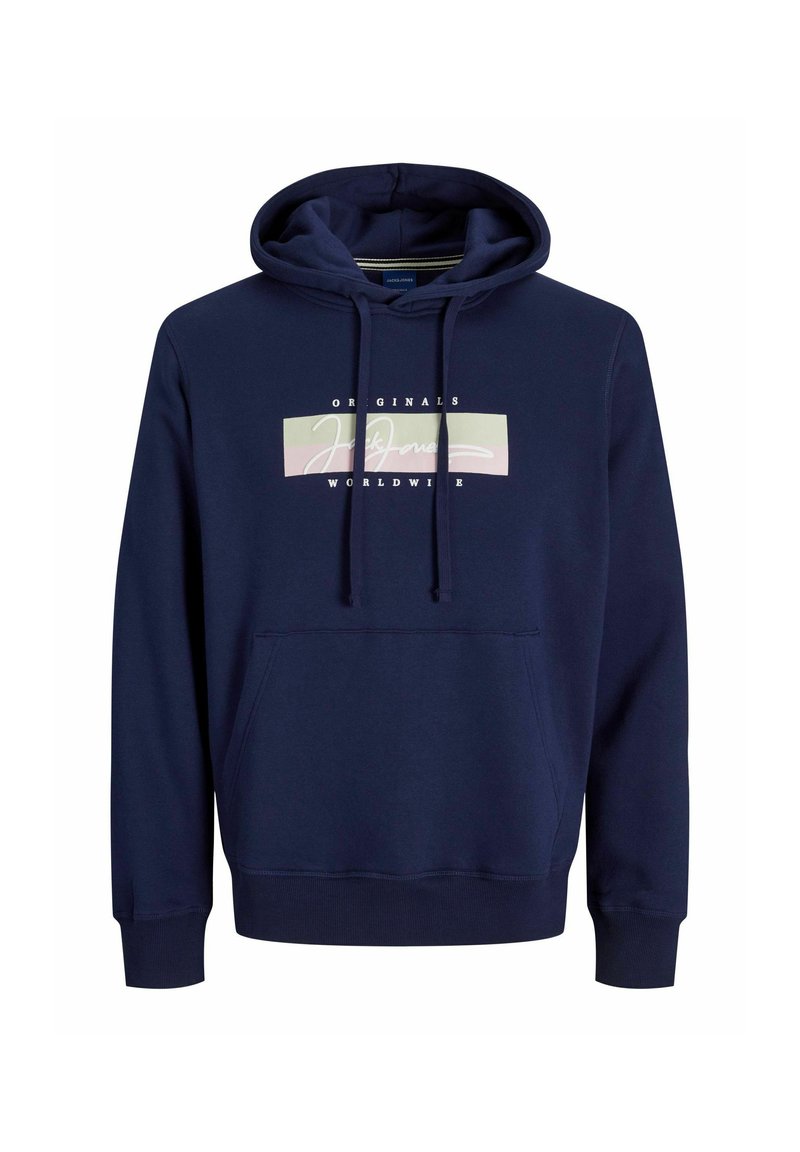 Donkerblauwe hoodie van zachte stof, met een voorzak, verstelbare capuchon met trekkoord en een grafische print in lichte kleuren op de borst.