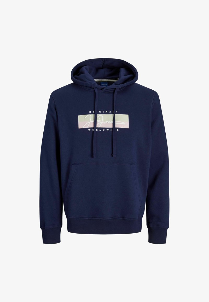 Navy blue hoodie made of soft fabric, featuring a front pocket, adjustable drawstring hood, and a graphic print in light colors on the chest.
