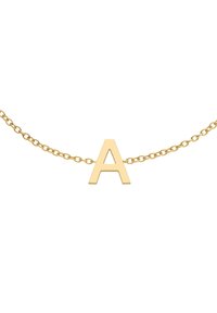 Guldkæde med en kæde og en fremtrædende, poleret bogstav "A" vedhæng. Enkel design med glat overflade og blank finish.